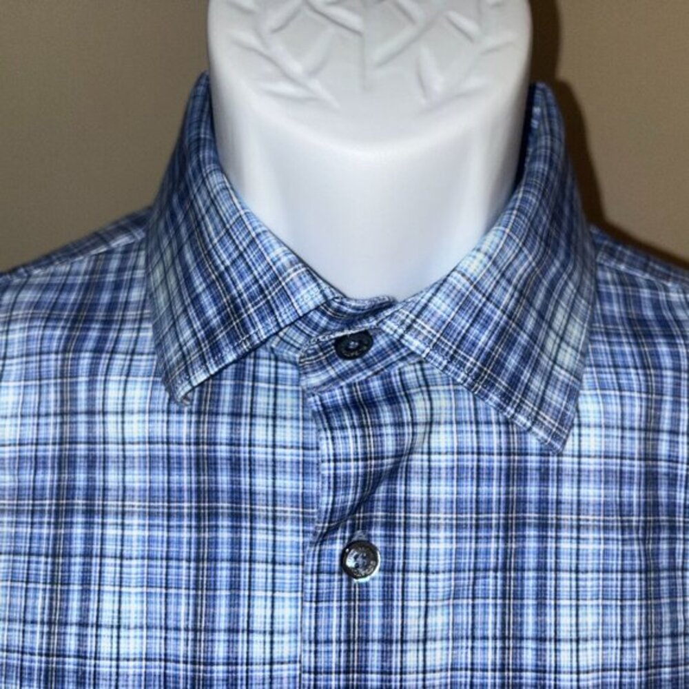 🔥 Bugatchi Men’s Blue & White 8-Way Stretch Long Sleeve Shirt – Size Medium (M)